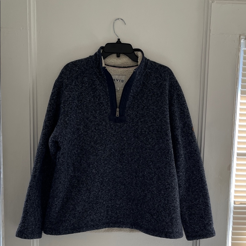 Orvis Men's Dark Blue Zip-Up pullover with fleece in side